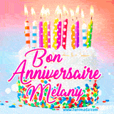 A white birthday cake covered in colorful sprinkles, topped with bright candles, and French text 'Bon Anniversaire Melany' on a pastel gradient background in an animated GIF.