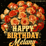 Animated bouquet of orange roses with moving butterfles and golden 'Happy Birthday Melany' text, surrounded by sparkling accents and a dark backdrop for a luxurious feel.