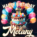 Bright birthday animation for Melany with a chocolate cake, candles, balloons, and glowing celebratory lights.