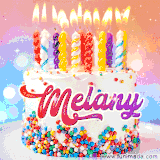 A cheerful white birthday cake with multicolor sprinkles, lit candles, and 'Melany' written in vibrant letters, in an animated GIF.