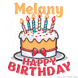 Cartoon birthday cake with a red bow, glowing candles, and 'Melany Happy Birthday' text in bold animated style.