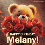 Cinematic style cute animated teddy bear with charming features holding a large bouquet of red roses, the words say 'Happy Birthday Melany' in sans serif font.