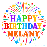 Happy Birthday Melany' GIF with rainbow-colored letters, colorful stars, and fireworks on white background.