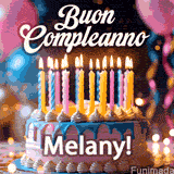 Birthday cake topped with pink and yellow lit candles, surrounded by glowing bokeh lights and party balloons. The greeting 'Buon Compleanno Melany GIF!' is displayed.