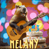 Animated birthday GIF showing a capybara playing guitar and singing beside a birthday cake with the name Melany in large letters and colorful bokeh lights in the background.