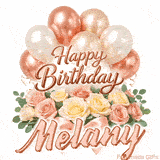Beautifully animated Happy Birthday Melany e-card with rose gold decorations