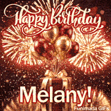 Large white text spelling Melany at the base of a luxury gift box wrapped in golden ribbons on a dark background.