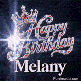 Detailed view of colorful emerald, sapphire, and ruby crystals encrusted in a silver tiara and cursive Happy Birthday text.Melany