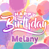 A vibrant name GIF featuring colorful balloons in shades of pink, orange, and yellow with the bold text 'Happy Birthday Melany' in festive fonts, creating a lively birthday vibe.