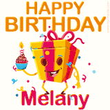 A vibrant and funny gift box character with a happy face dancing with a cupcake and the text 'Happy Birthday Melany,' surrounded by animated confetti and party vibes.