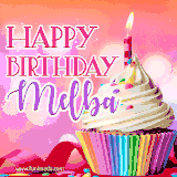 A vibrant birthday GIF featuring a rainbow-colored cupcake topped with white frosting, sprinkles, and a lit candle. The text reads 'Happy Birthday Melba' in bold pink and violet letters with white outline.