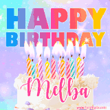 A vibrant animated name GIF with the words 'Happy Birthday Melba' with colorful candles on a creamy cake. The background sparkles with pastel shades, adding a festive touch.