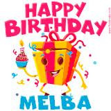 A vibrant and funny gift box character with a happy face dancing with a cupcake and the text 'Happy Birthday Melba,' surrounded by animated confetti and party vibes.