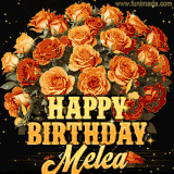 Animated bouquet of orange roses with moving butterfles and golden 'Happy Birthday Melea' text, surrounded by sparkling accents and a dark backdrop for a luxurious feel.