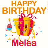 A vibrant and funny gift box character with a happy face dancing with a cupcake and the text 'Happy Birthday Melea,' surrounded by animated confetti and party vibes.