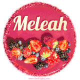 Beautifully decorated red velvet berry birthday cake with vibrant fruits and a glowing 'Meleah' name, adding a touch of sweetness and sparkle.