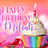 A vibrant birthday GIF featuring a rainbow-colored cupcake topped with white frosting, sprinkles, and a lit candle. The text reads 'Happy Birthday Meleah' in bold pink and violet letters with white outline.