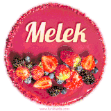 Beautifully decorated red velvet berry birthday cake with vibrant fruits and a glowing 'Melek' name, adding a touch of sweetness and sparkle.
