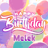 A vibrant name GIF featuring colorful balloons in shades of pink, orange, and yellow with the bold text 'Happy Birthday Melek' in festive fonts, creating a lively birthday vibe.
