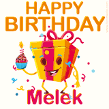 A vibrant and funny gift box character with a happy face dancing with a cupcake and the text 'Happy Birthday Melek,' surrounded by animated confetti and party vibes.