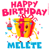 A vibrant and funny gift box character with a happy face dancing with a cupcake and the text 'Happy Birthday Melete,' surrounded by animated confetti and party vibes.