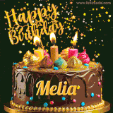A delightful chocolate birthday cake with bright candles and 'Happy Birthday Melia' written in gold amidst a shower of animated stars.