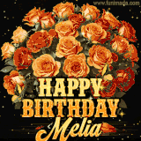 Animated bouquet of orange roses with moving butterfles and golden 'Happy Birthday Melia' text, surrounded by sparkling accents and a dark backdrop for a luxurious feel.