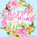A charming animated GIF featuring 'Happy Birthday Melia' in pink and green text, surrounded by delicate roses, leaves, and fluttering butterflies on a soft light blue pastel background.