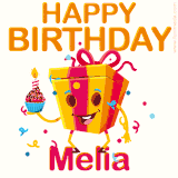 A vibrant and funny gift box character with a happy face dancing with a cupcake and the text 'Happy Birthday Melia,' surrounded by animated confetti and party vibes.