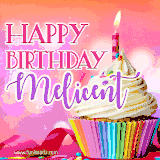 A vibrant birthday GIF featuring a rainbow-colored cupcake topped with white frosting, sprinkles, and a lit candle. The text reads 'Happy Birthday Melicent' in bold pink and violet letters with white outline.