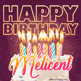 A colorful birthday cake topped with lit candles, with the words 'Happy Birthday Melicent' in bold glowing letters on a burgundy background. Animated flames add a festive touch.