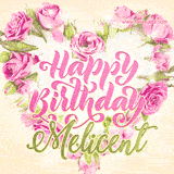 A stunning heart made of pink roses surrounds the elegant script text 'Happy Birthday Melicent' on a soft beige background. Animated sparkles add a magical and festive feel.