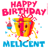 A vibrant and funny gift box character with a happy face dancing with a cupcake and the text 'Happy Birthday Melicent,' surrounded by animated confetti and party vibes.