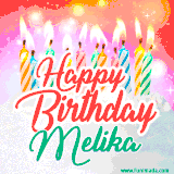 Bright birthday candles with rainbow flames on a cake, alongside the text 'Happy Birthday Melika' in vibrant script in this celebratory animated GIF.