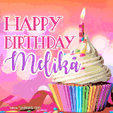 A vibrant birthday GIF featuring a rainbow-colored cupcake topped with white frosting, sprinkles, and a lit candle. The text reads 'Happy Birthday Melika' in bold pink and violet letters with white outline.