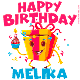 A vibrant and funny gift box character with a happy face dancing with a cupcake and the text 'Happy Birthday Melika,' surrounded by animated confetti and party vibes.