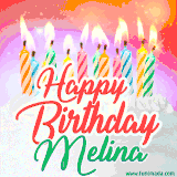 Bright birthday candles with rainbow flames on a cake, alongside the text 'Happy Birthday Melina' in vibrant script in this celebratory animated GIF.