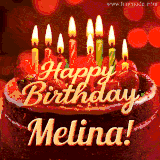 Beautifully decorated red velvet berry birthday cake with vibrant fruits and a glowing 'Melina' name, adding a touch of sweetness and sparkle.