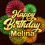 Golden text reading 'Happy Birthday Melina' surrounded by vibrant fireworks in red, green, and yellow, set against a dark background in this celebratory birthday GIF.