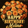 Beautiful bouquet of orange and red roses for Melina, golden inscription and twinkling stars