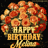 Animated bouquet of orange roses with moving butterfles and golden 'Happy Birthday Melina' text, surrounded by sparkling accents and a dark backdrop for a luxurious feel.