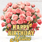 Golden 'Happy Birthday Melina' text beneath a vibrant bouquet of orange roses, complete with glittering butterflies and sparkling details.