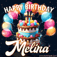 Hand-drawn happy birthday cake adorned with an arch of colorful balloons - name GIF for Melina