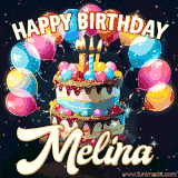 Bright birthday animation for Melina with a chocolate cake, candles, balloons, and glowing celebratory lights.