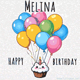 An adorable and cute cupcake with a smiley face and moving colorful balloons create a joyful birthday greeting for Melina in this cheerful animated greeting E-card.
