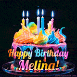 A mesmerizing animated cake with multicolor frosting and candles, and the words 'Happy Birthday Melina' on the black background.