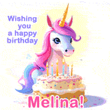 A cute moving unicorn with a birthday cake and candles, featuring 'Wishing you a happy birthday, Melina!' in colorful text.