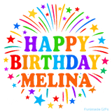 Happy Birthday Melina' GIF with rainbow-colored letters, colorful stars, and fireworks on white background.