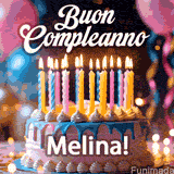 Birthday cake topped with pink and yellow lit candles, surrounded by glowing bokeh lights and party balloons. The greeting 'Buon Compleanno Melina GIF!' is displayed.