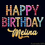 Vibrant luxury birthday greeting card for Melina, showing glittering gemstone letters and golden calligraphy on a dark background with twinkling shine effects.